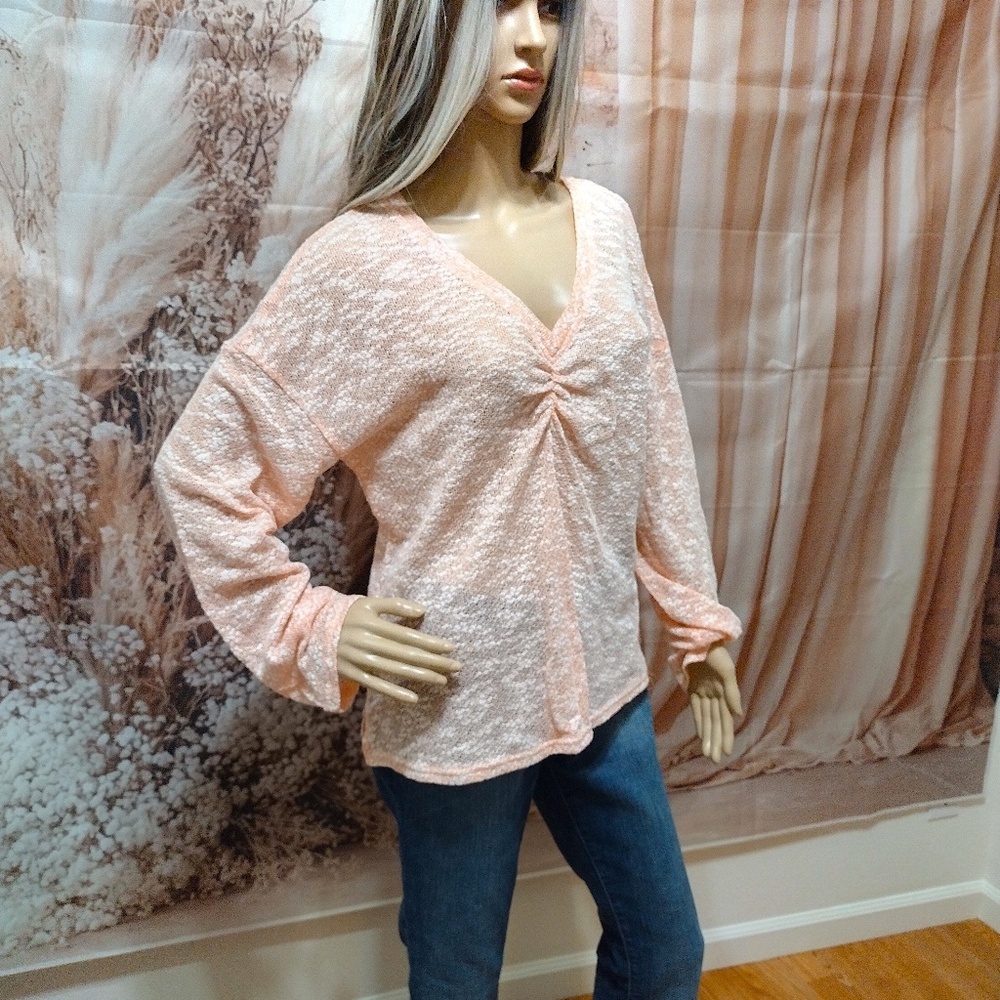 Very J Women's Peach Loose Fit Open Knit Long Sleeve V neck Blouse Top